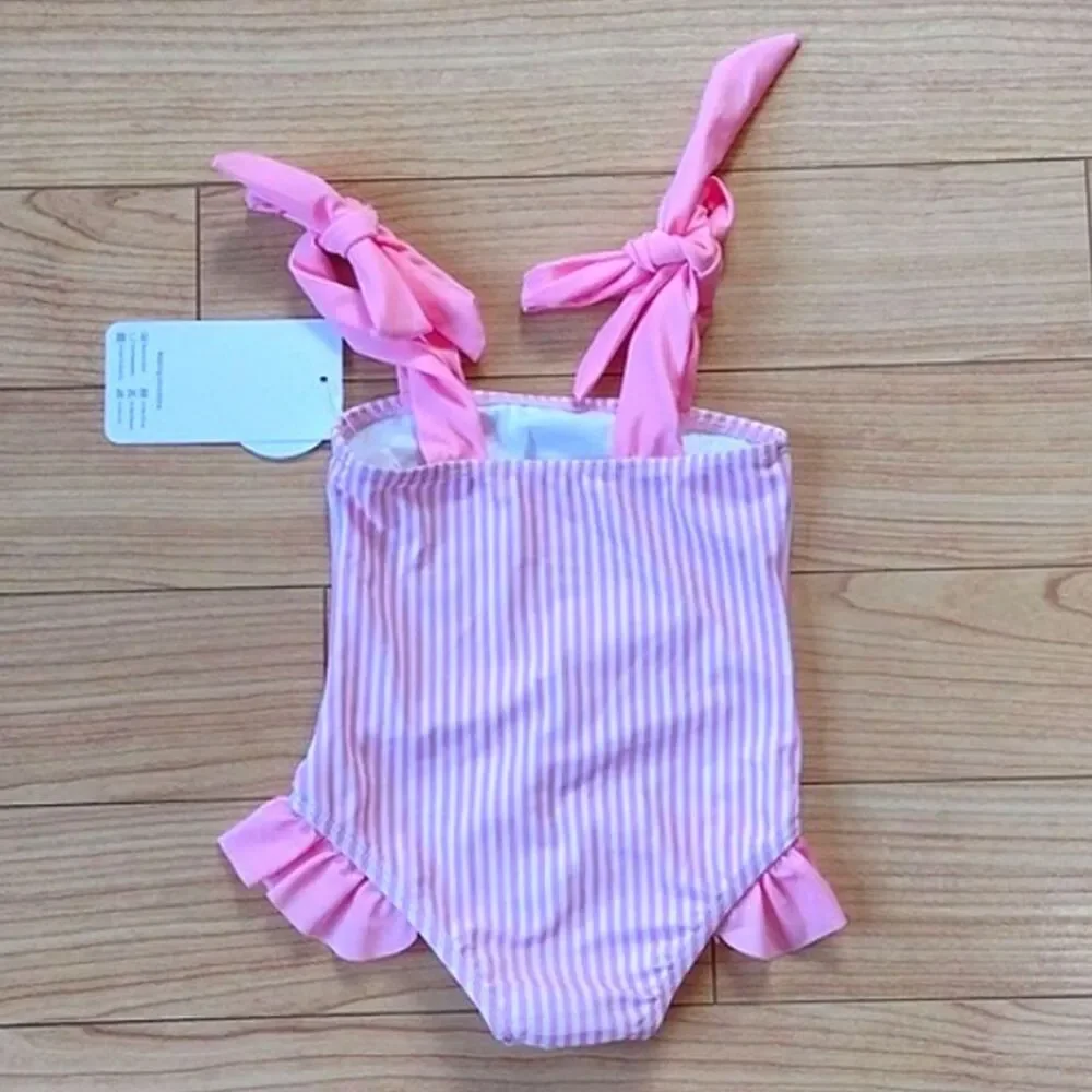 Younger Tree Pink and White Striped One Piece Swimsuit with Ruffles Size 9-12M
